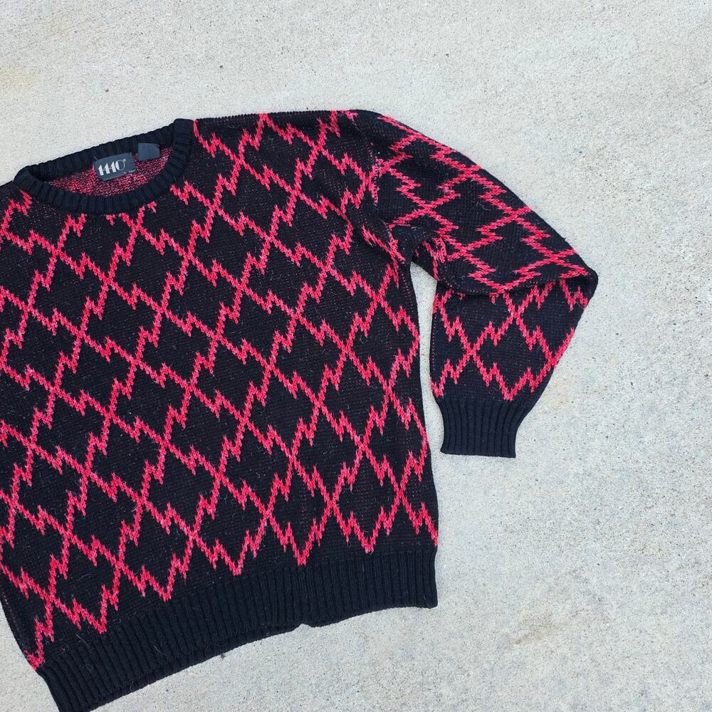 Vintage 80s Black Red Argyle Grandpa Sweater Crewneck 1440 Size Small